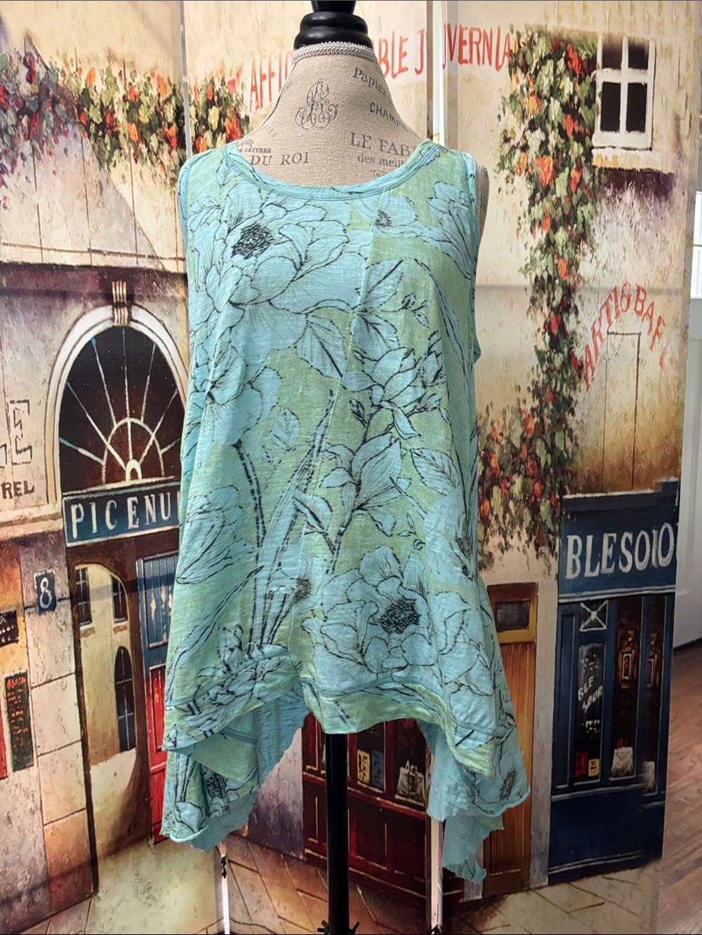 Krista Larson Light Aqua Floral Sleeveless Tunic, OS